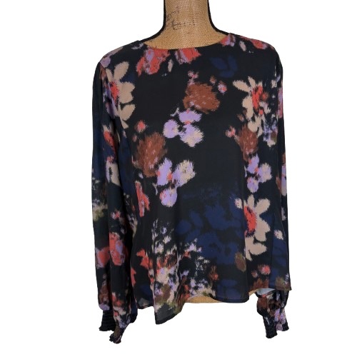 Evereve Lua Blurry Floral Blouse Black Multicolor Smocked Cuff Top Size Xl